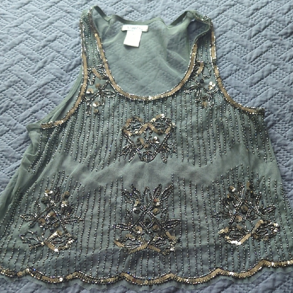Pinky Green Embellished Sheer Tank Top